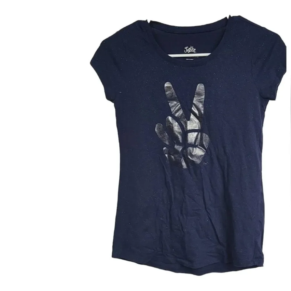 Justice Girls Navy Blue Glitter Tee Peace Sign Short Sleeve Fitted Knit T-Shirt